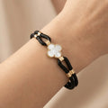 14K Gold Detail Bracelet – Mother of Pearl Clover Braided | Braided Black Band | Majestic Jewellery