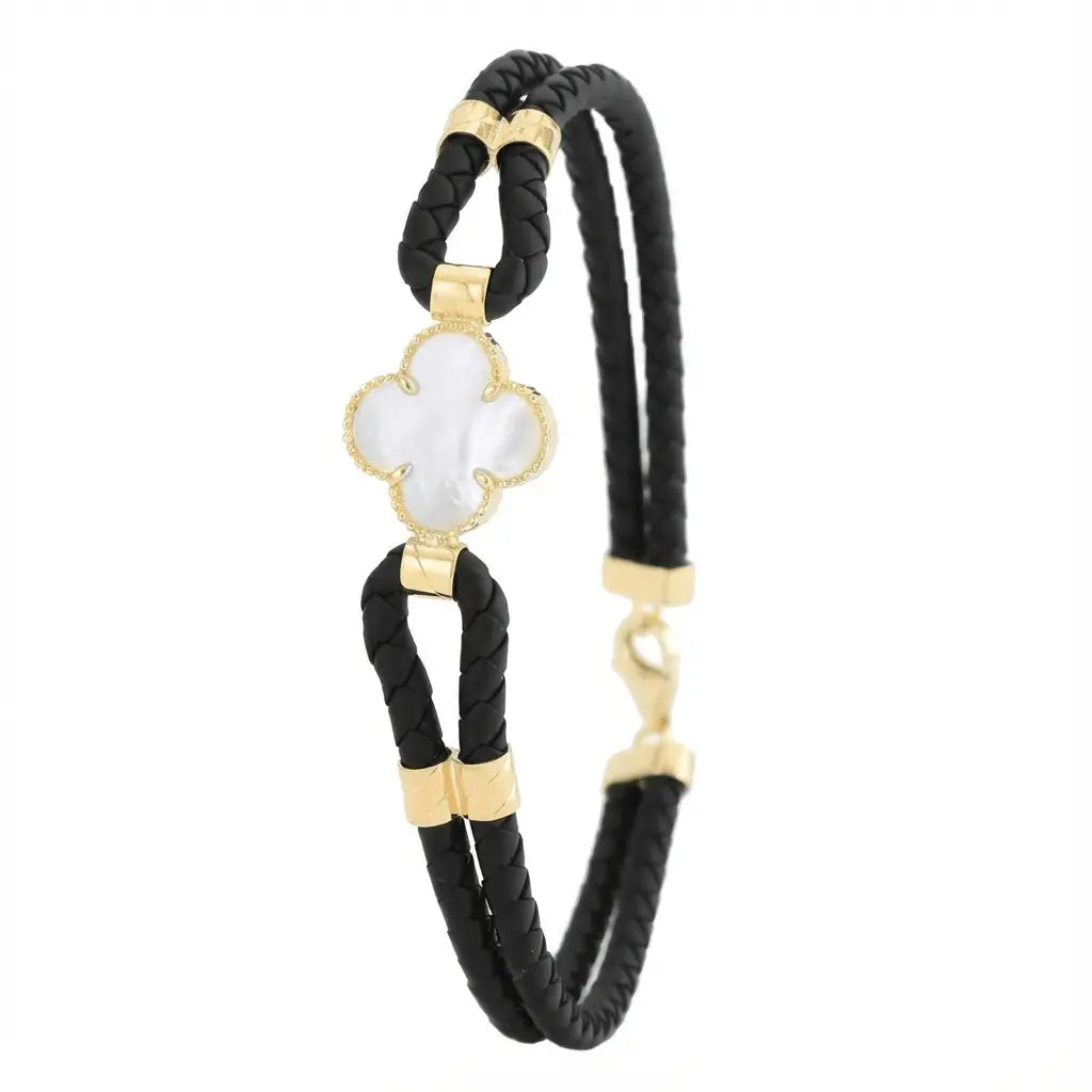 14K Gold Detail Bracelet – Mother of Pearl Clover Braided | Braided Black Band | Majestic Jewellery