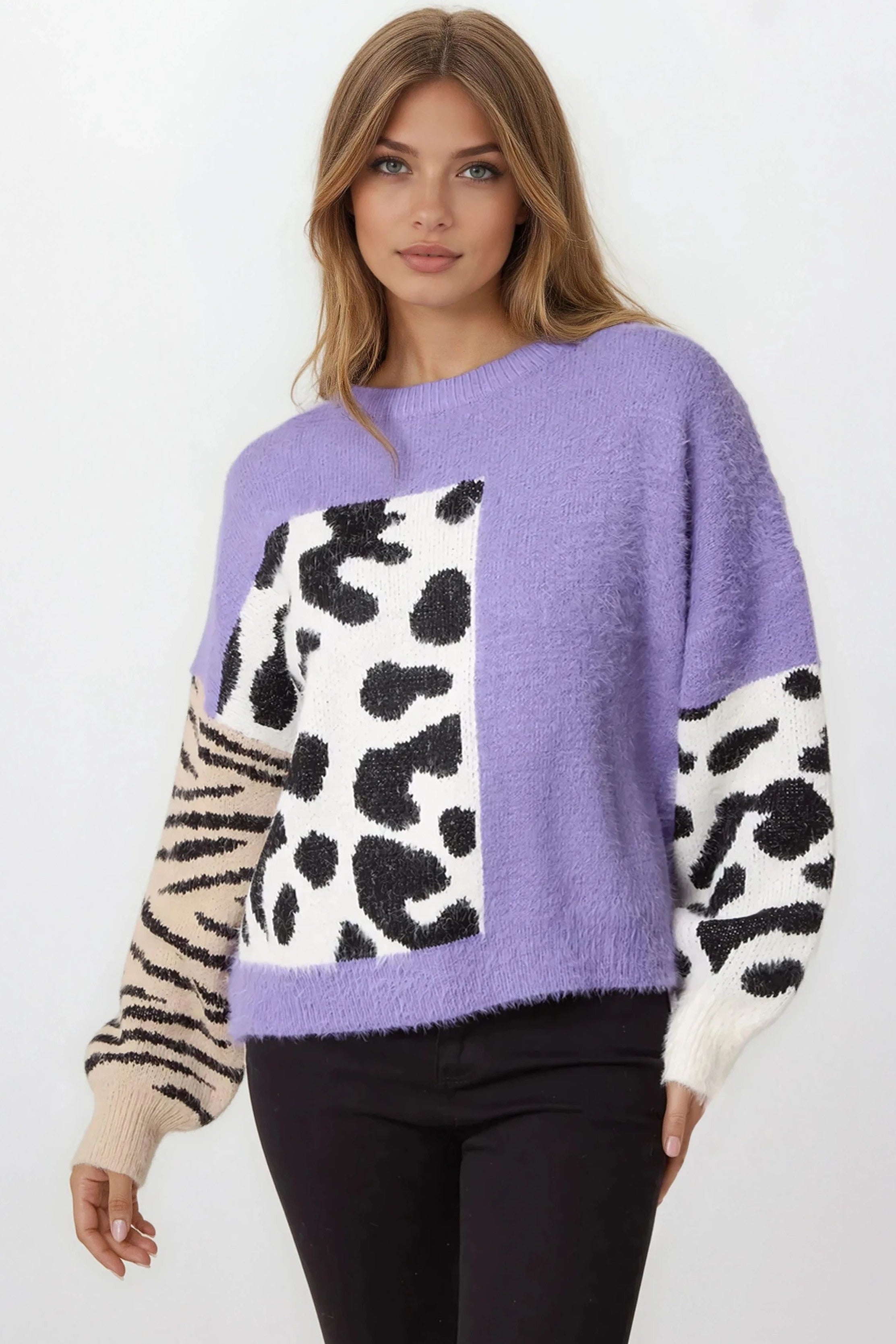 Purple Mixed Animal Pattern Knit Jumper