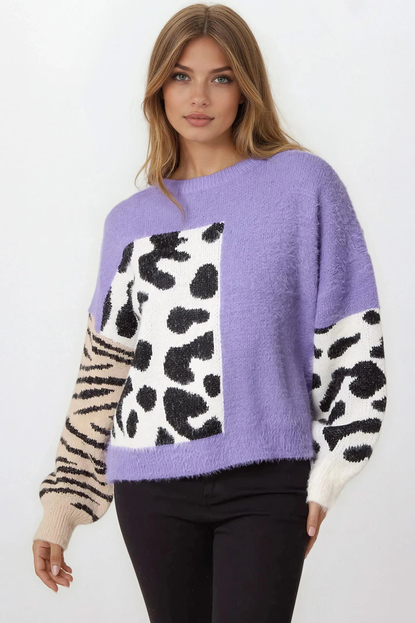Purple Mixed Animal Pattern Knit Jumper