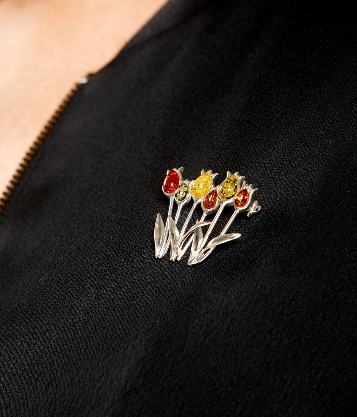 Multicolour Tulip Amber Brooch