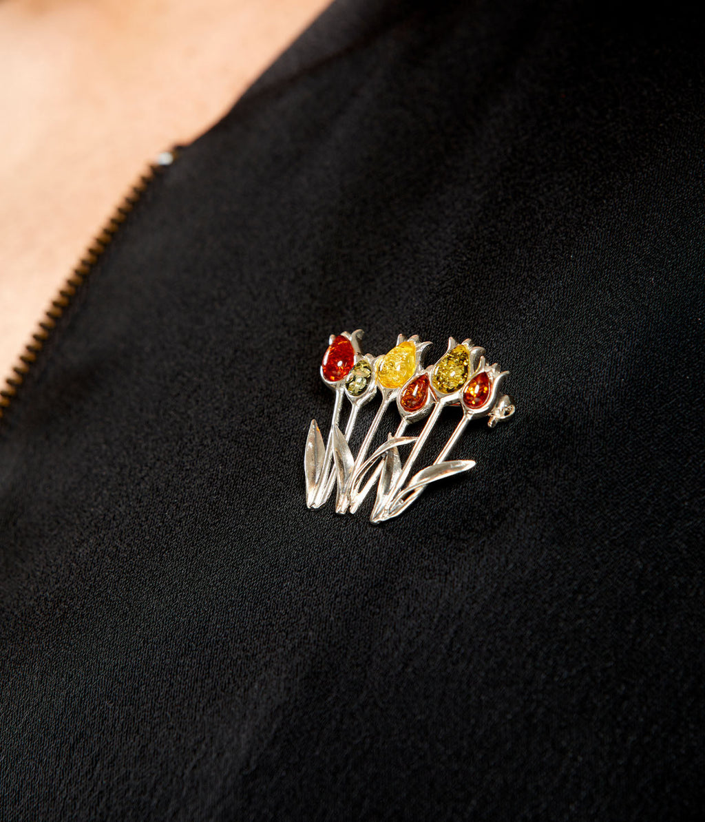 Multicolour Tulip Amber Brooch