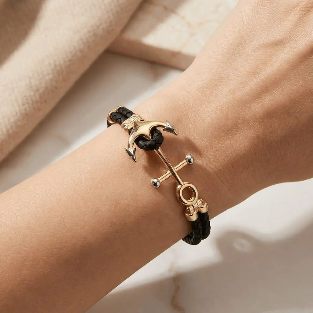 14K Gold Detail Bracelet – Nautical Anchor with Double Braided | Braided Black Band | Majestic Jewellery