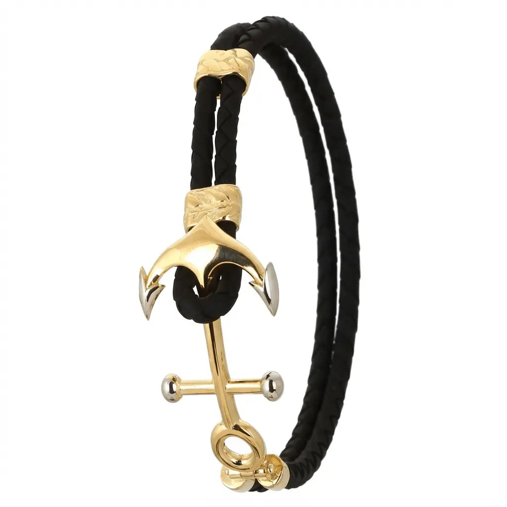 14K Gold Detail Bracelet – Nautical Anchor with Double Braided | Braided Black Band | Majestic Jewellery