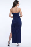 Navy Strapless Ruched Maxi Dress with Side Split
