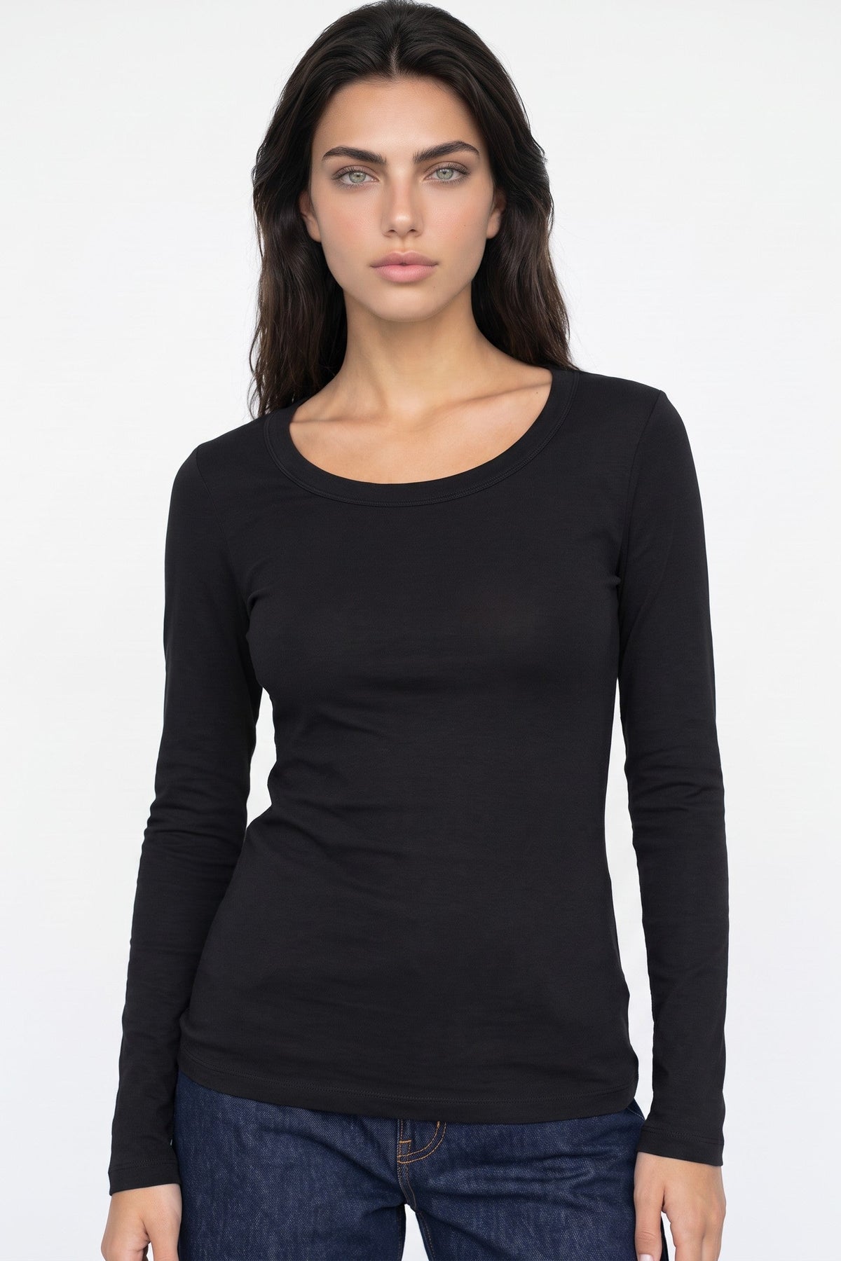 Black Cotton Long Sleeve Scoop Neck Top