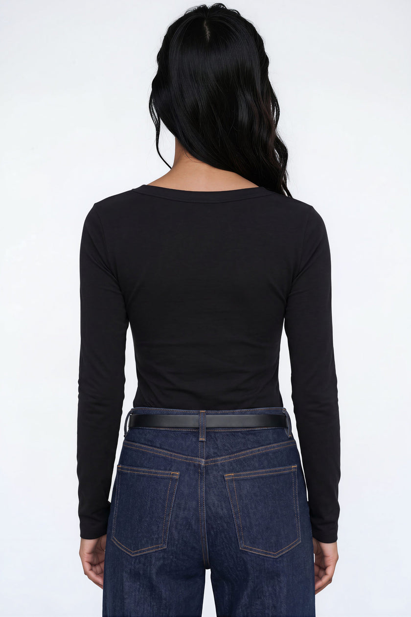 Black Cotton Long Sleeve Scoop Neck Top