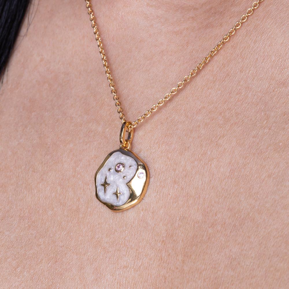 Collier Or Nuit Étoilée Émail Opale Rose et Perle