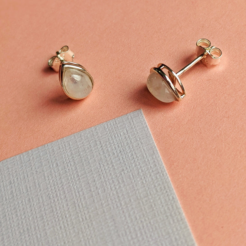 Rainbow Moonstone Droplet Sterling Silver Stud Earrings