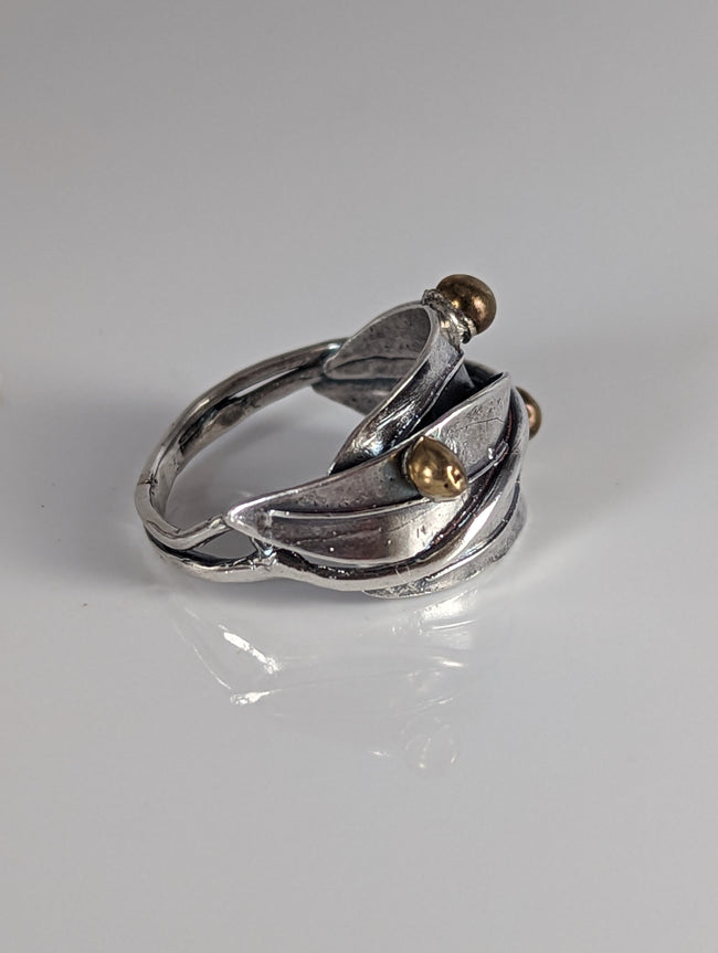 925 Silver Leaves Ring with Brass Buds – Artisan Silver Band Inspired by Nature