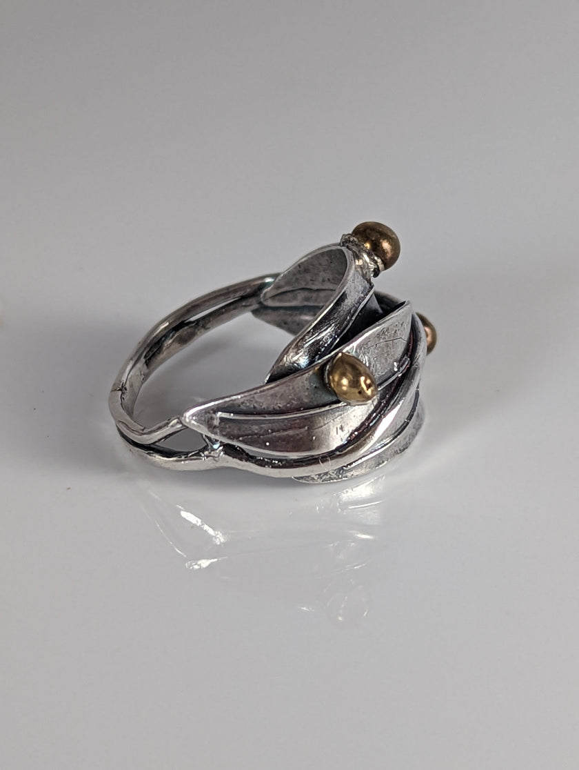 925 Silver Leaves Ring with Brass Buds – Artisan Silver Band Inspired by Nature