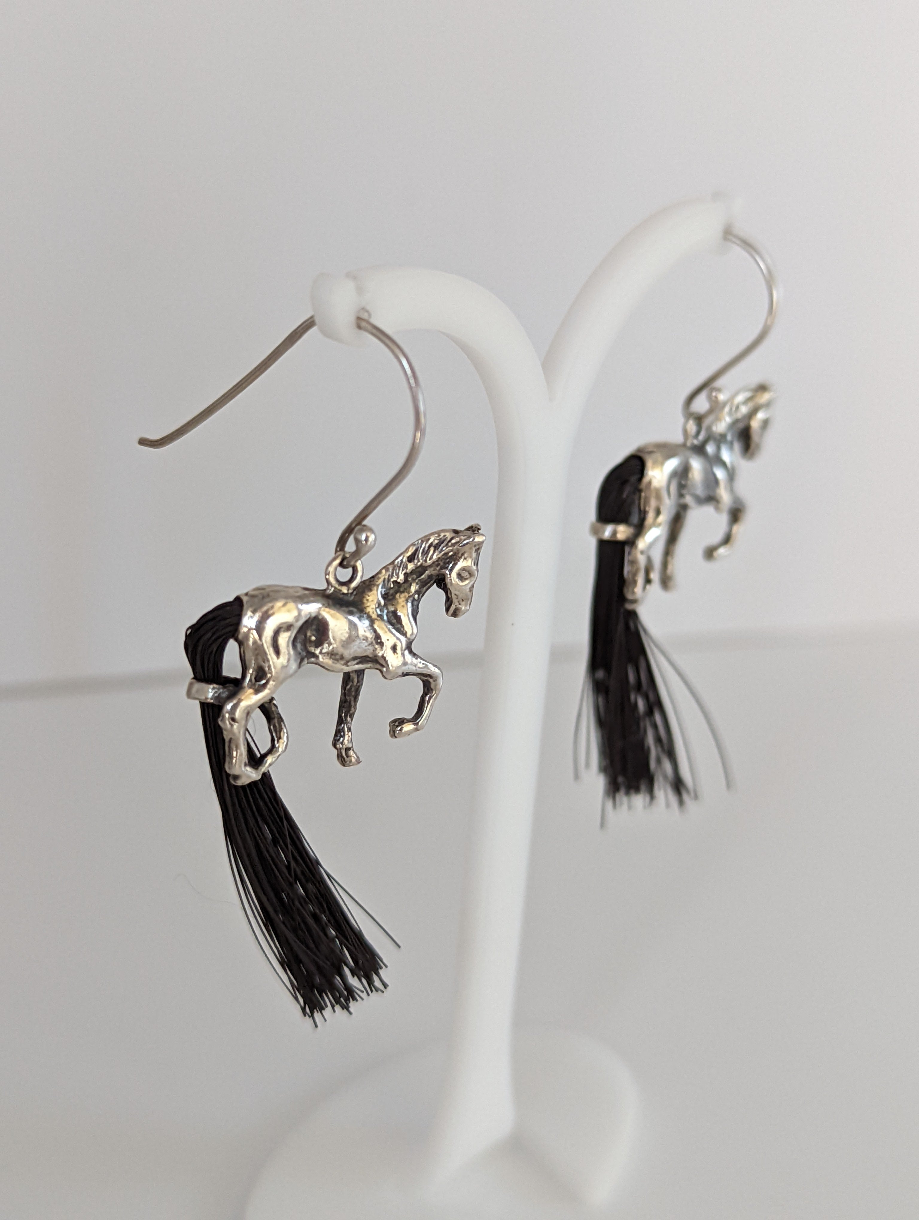 Silver Steed Large Silver Horse Long Earrings with horse hair tail