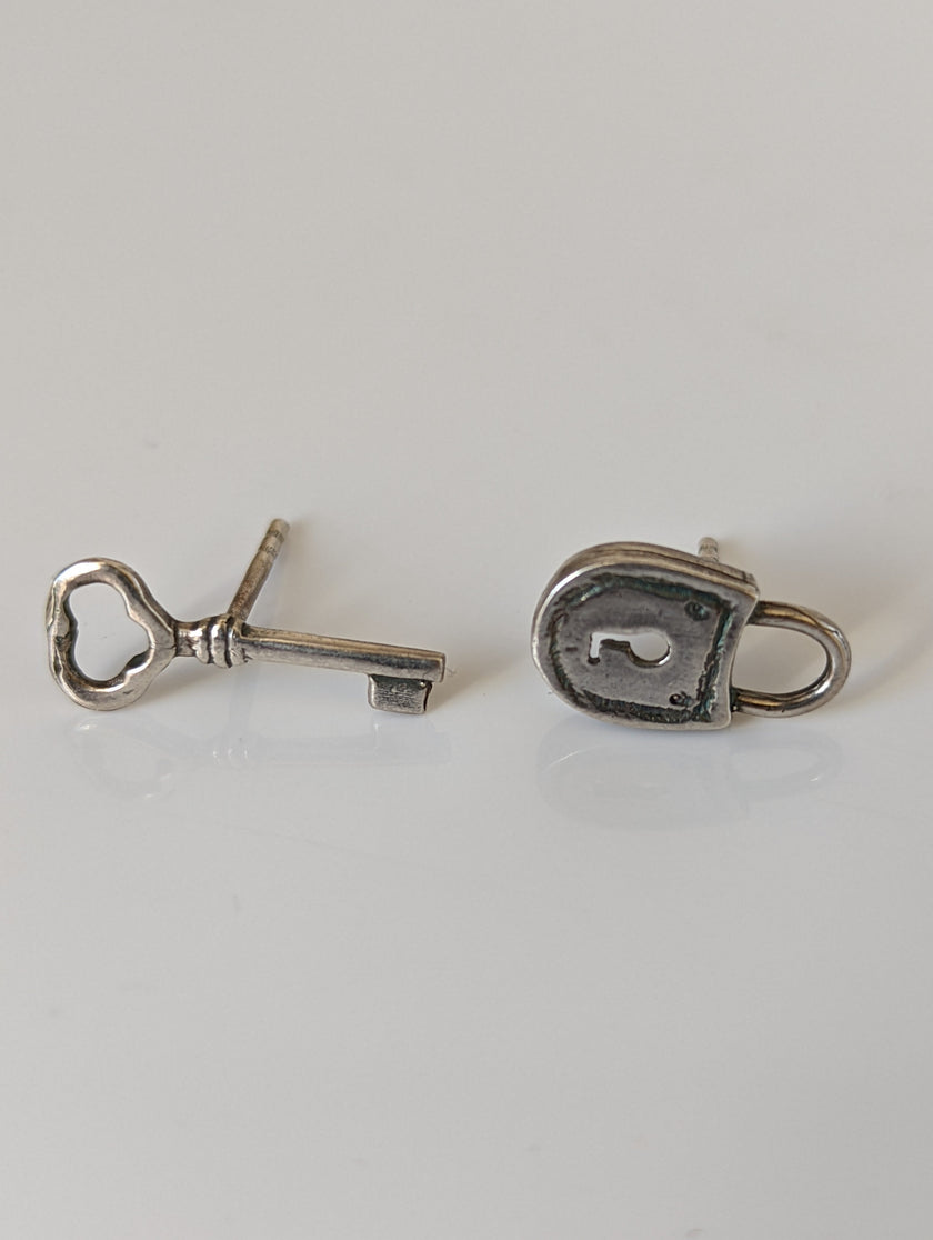 Silver Steed Lock and Key Stud Earrings