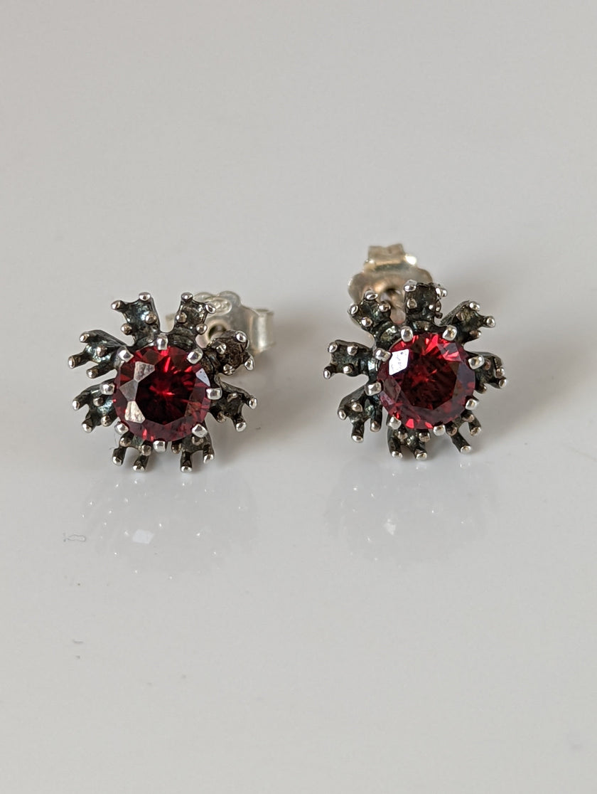 Silver Steed Red Crystal Sunflower Stud Earrings