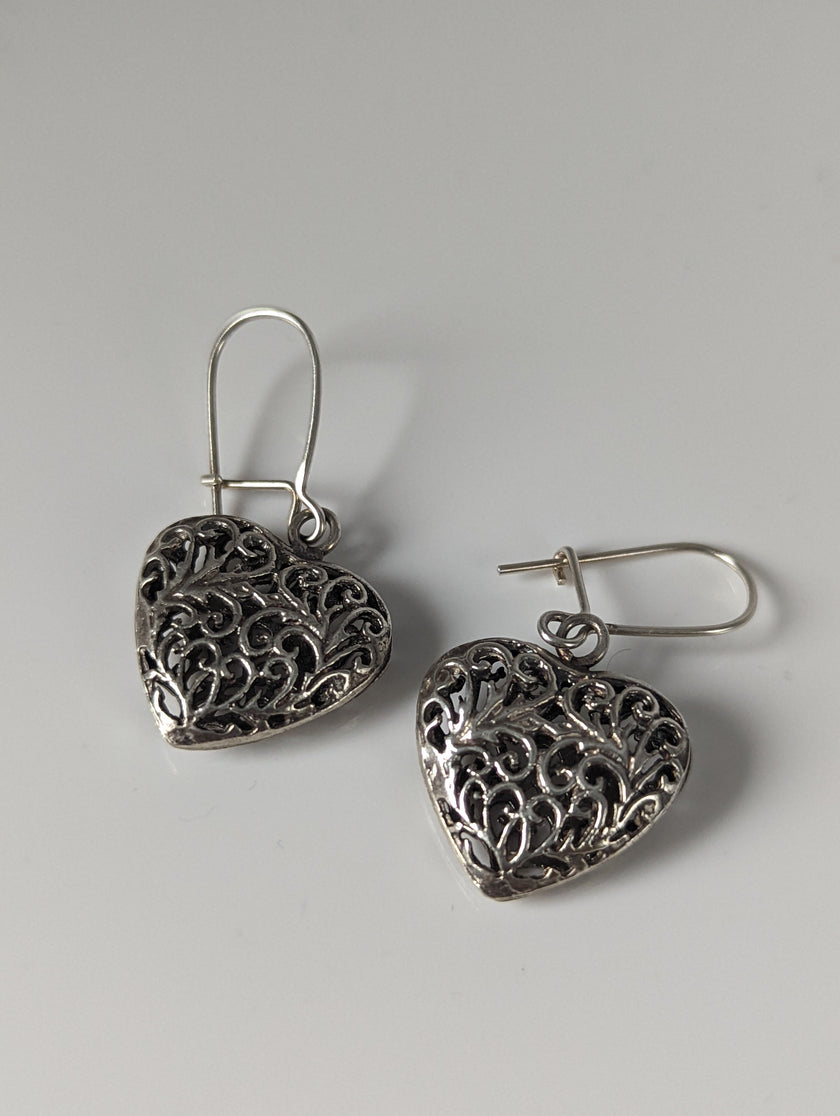 Silver Steed  Filigree Heart Dropped Earrings