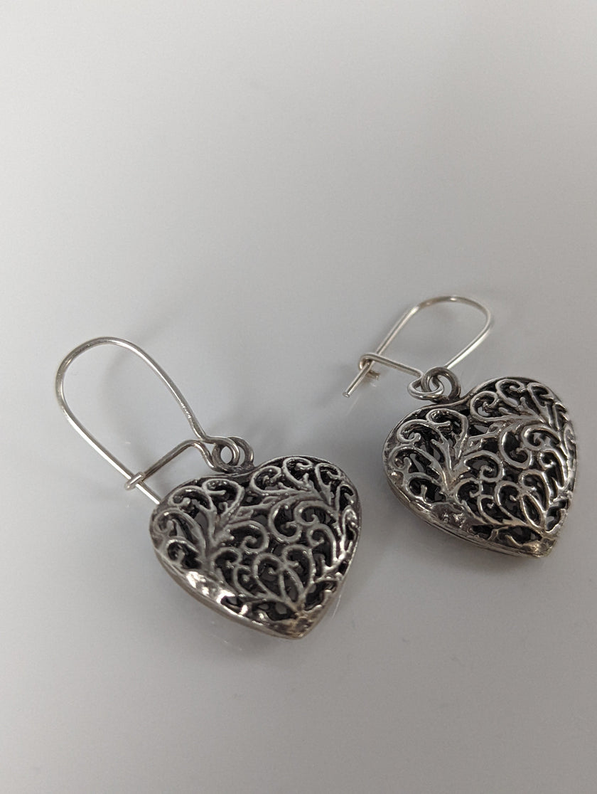 Silver Steed  Filigree Heart Dropped Earrings