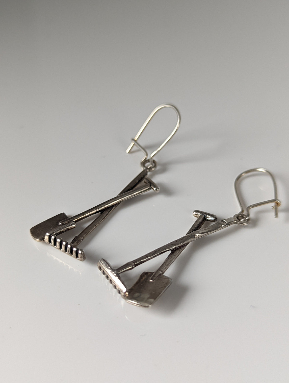 Silver Steed Gardening Tools Dropped Earrings