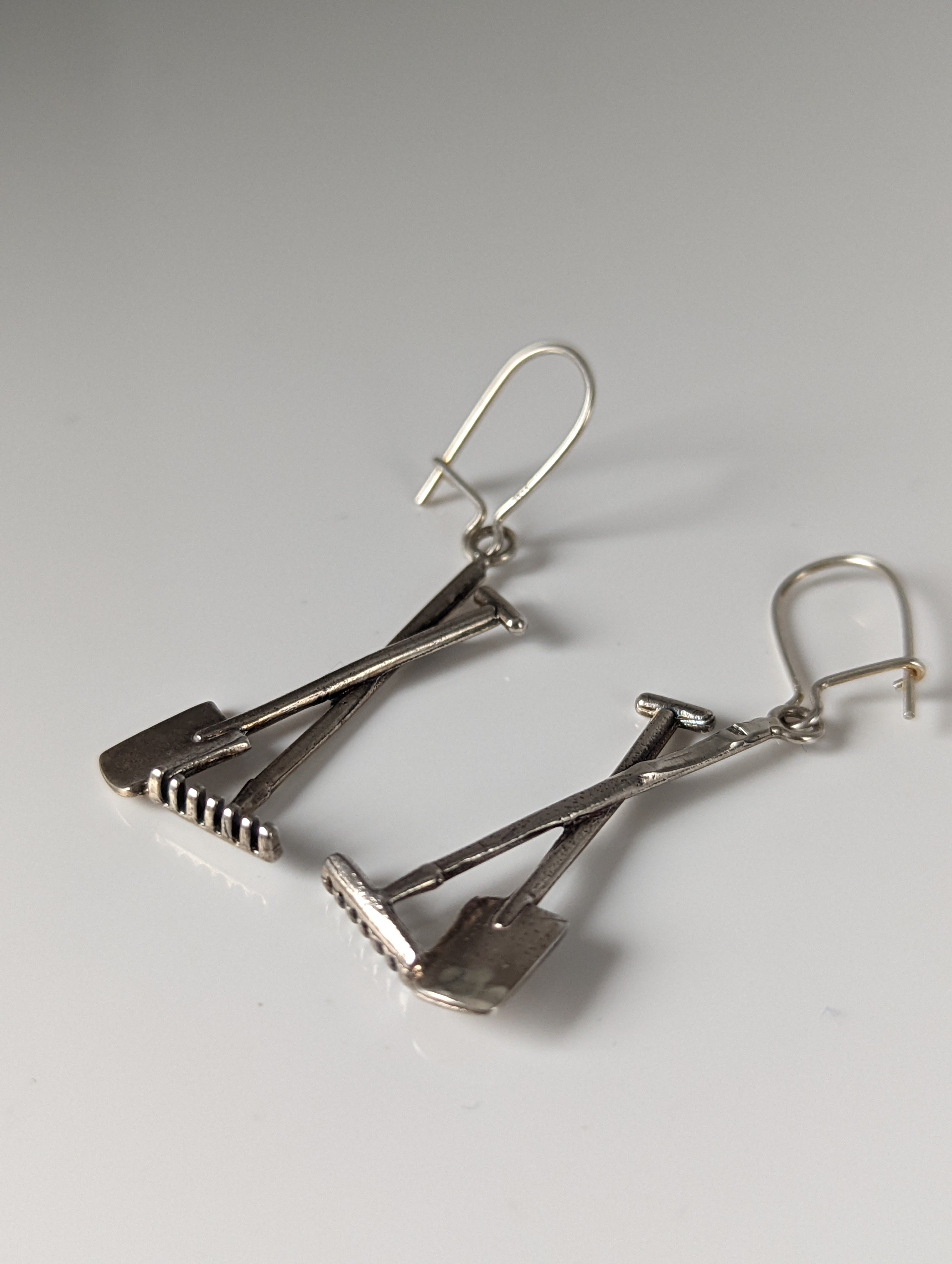 Silver Steed Gardening Tools Dropped Earrings