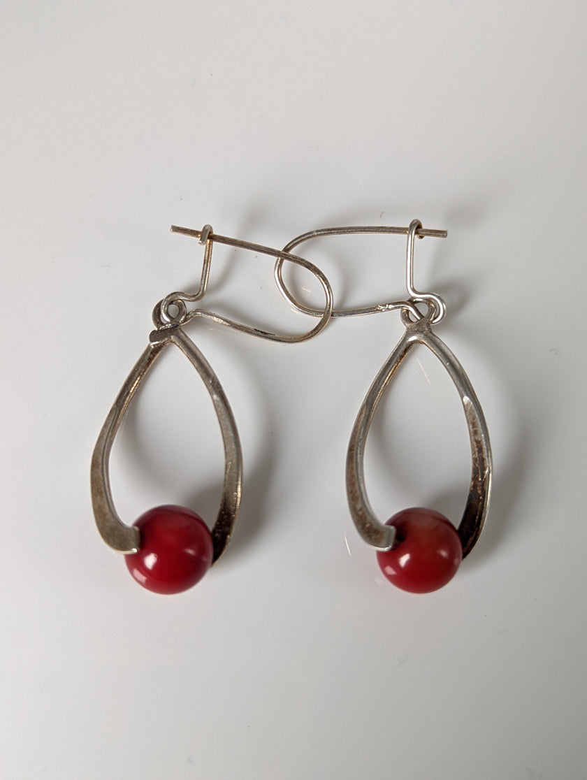 Silver Steed Red Bead Dropped Earrings