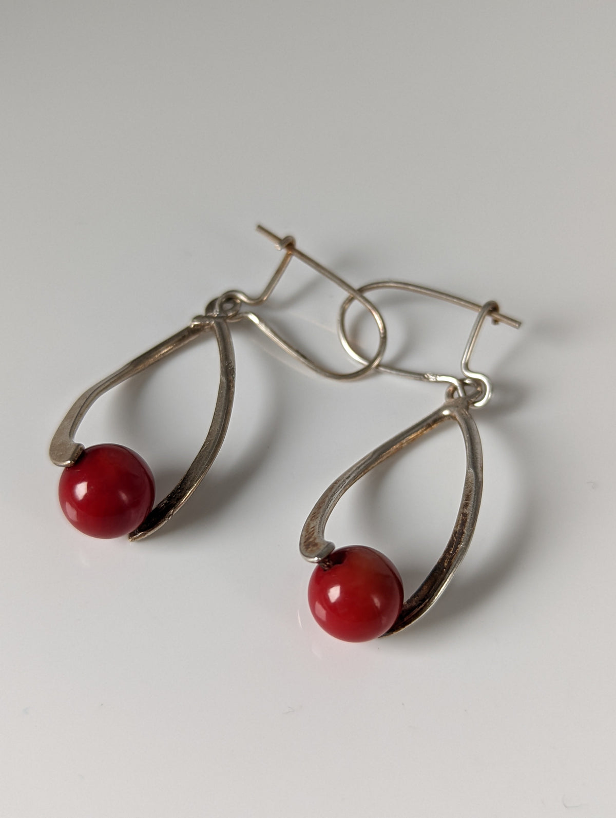 Silver Steed Red Bead Dropped Earrings