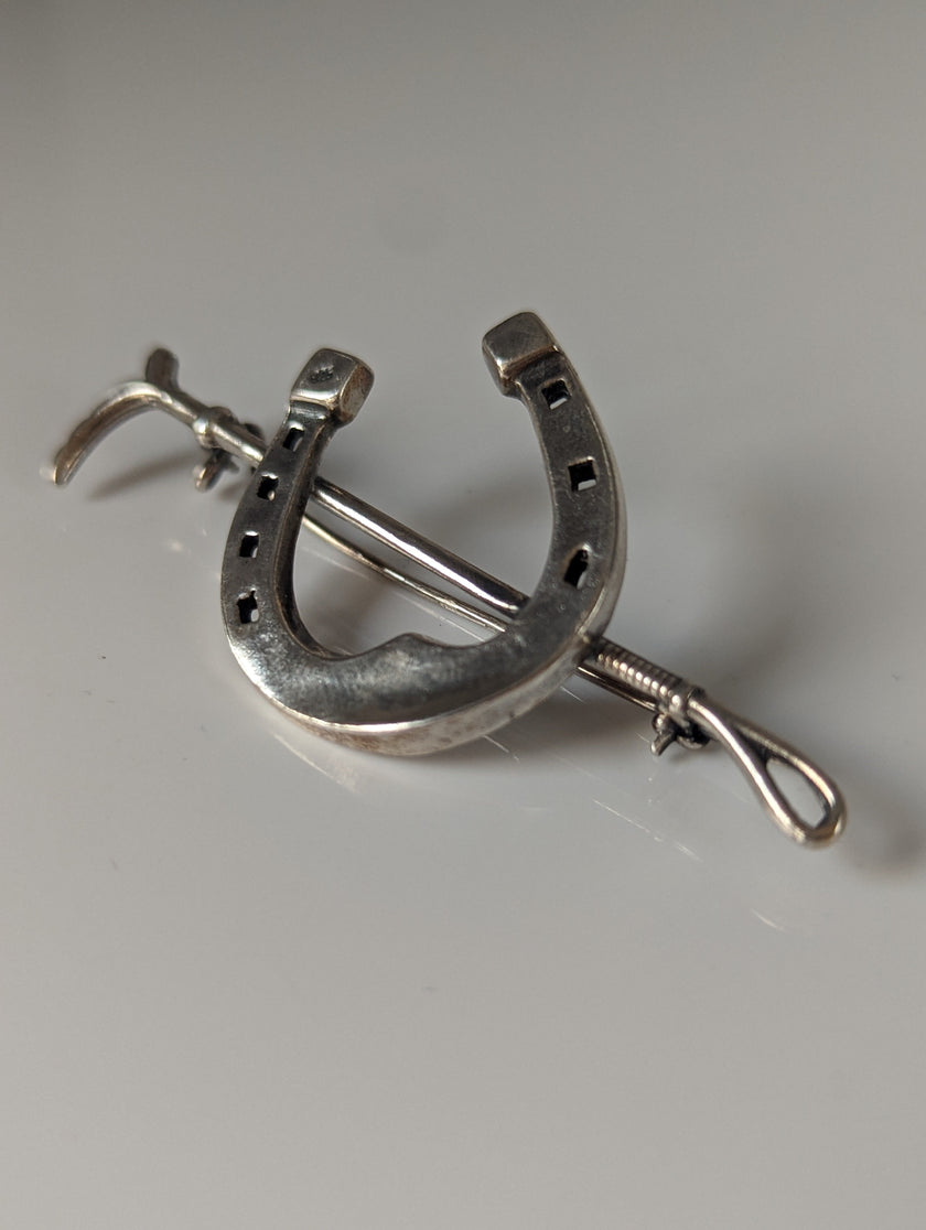Silver Steed Large Horse Shoe & Cane Silver Brooch / Stock Tie Pin