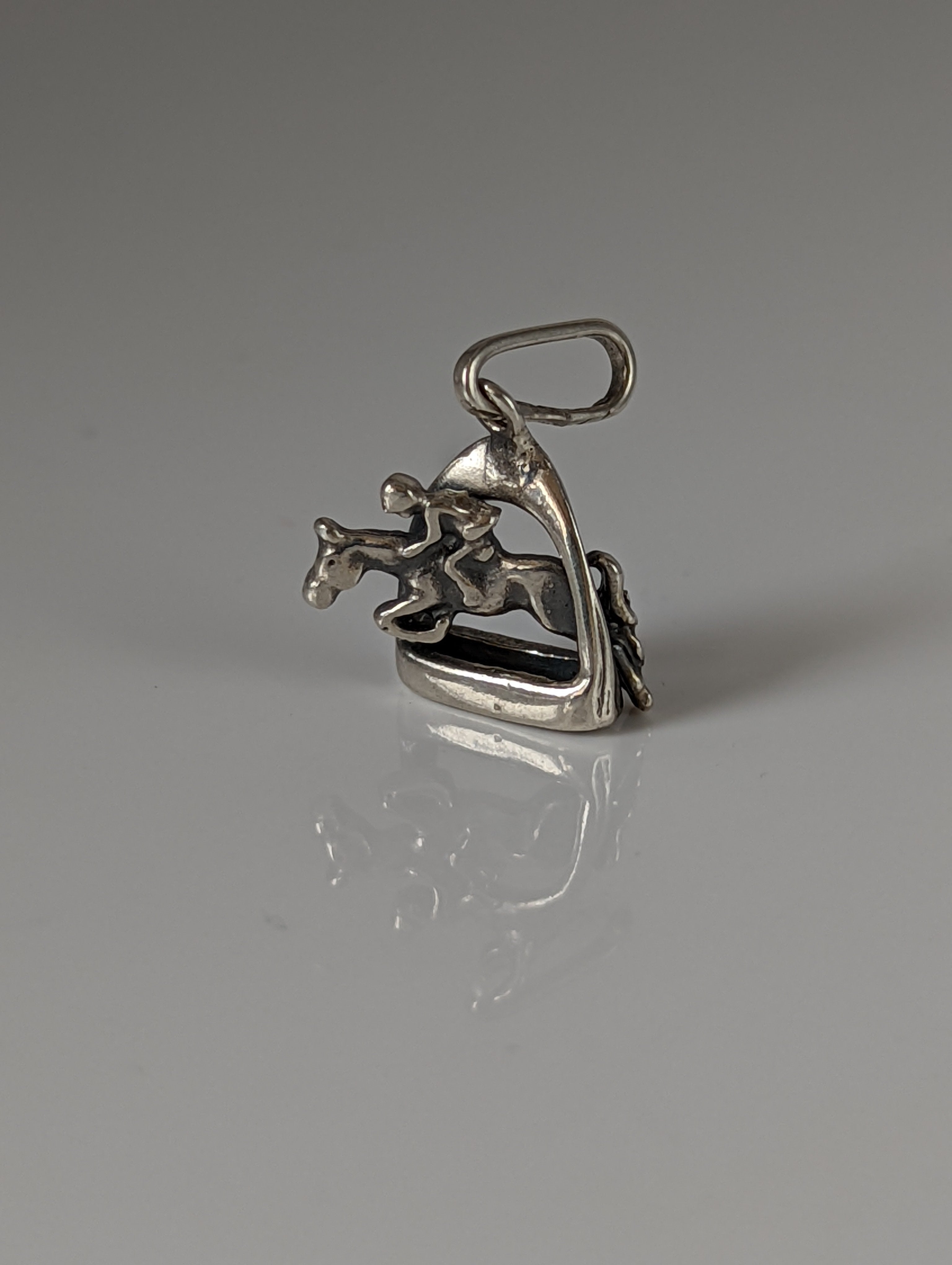 Silver Steed Jump Over a Stirrup, Stirrup & Jockey Silver Pendant