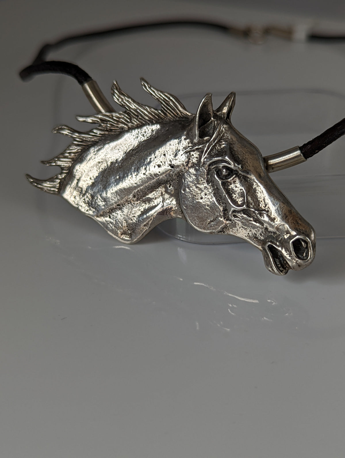 Silver Steed Large Horse Head on Leather Cord Necklace