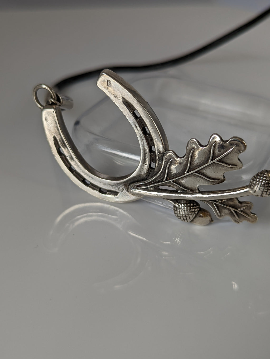 Silver Steed Big Horseshoe With Oak Leaves and Acorns On Cord Necklace