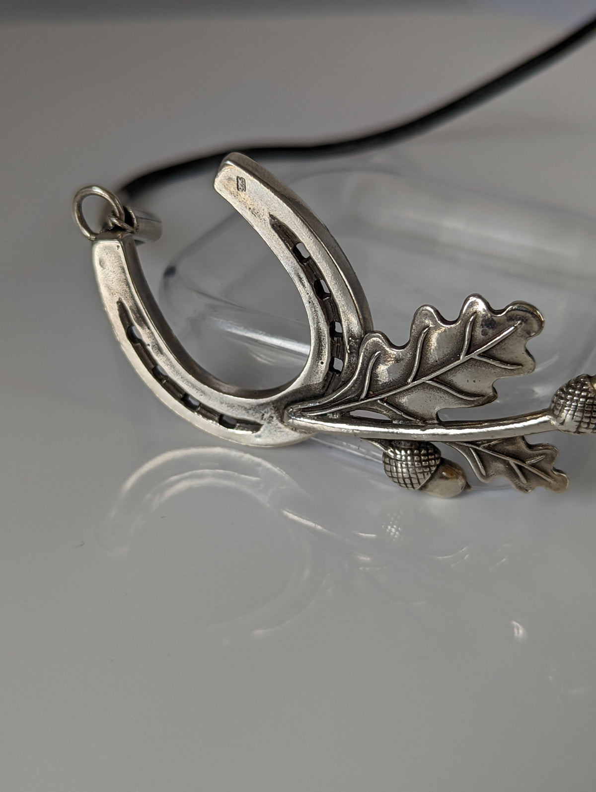 Silver Steed Big Horseshoe With Oak Leaves and Acorns On Cord Necklace
