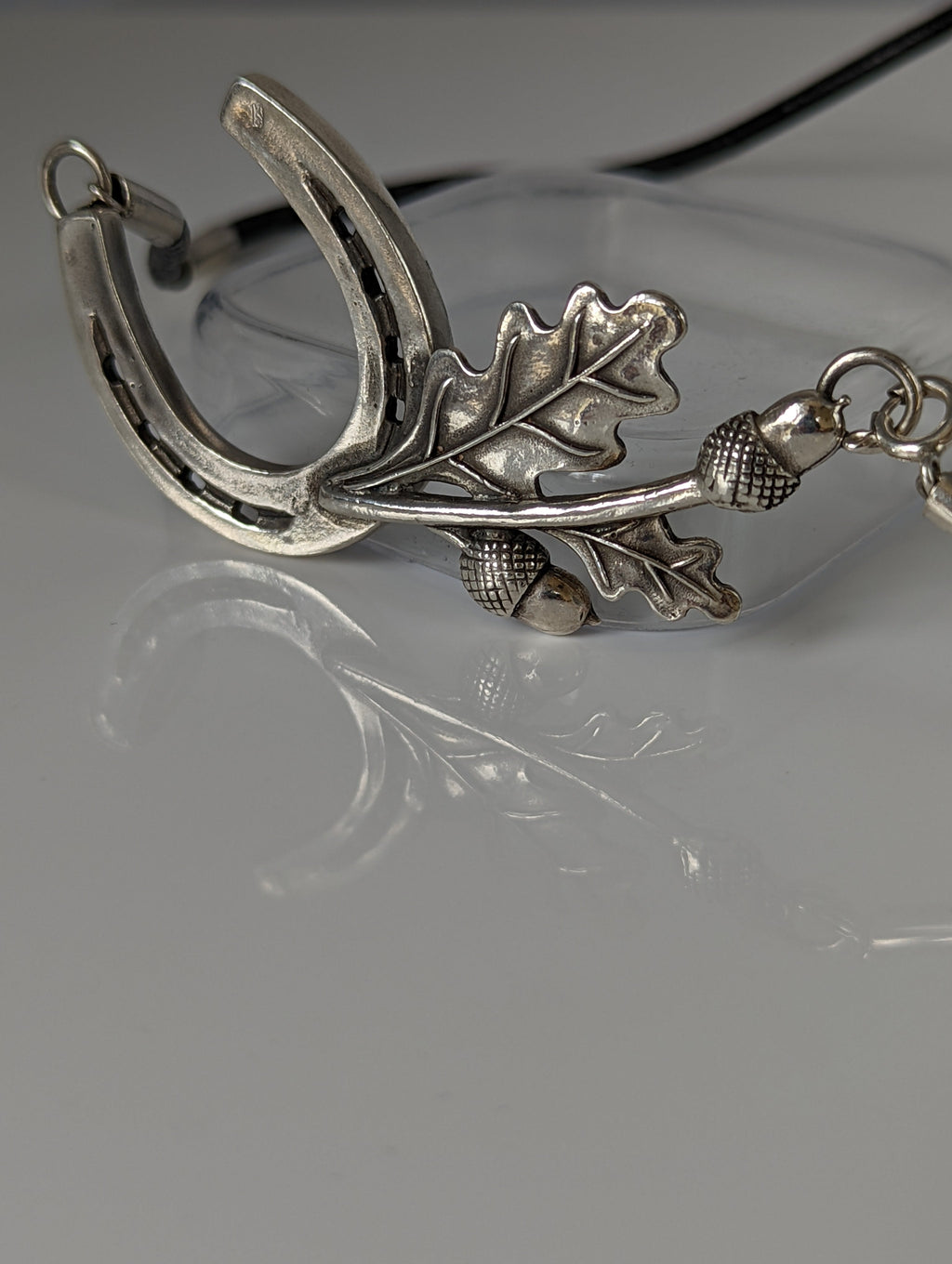 Silver Steed Big Horseshoe With Oak Leaves and Acorns On Cord Necklace