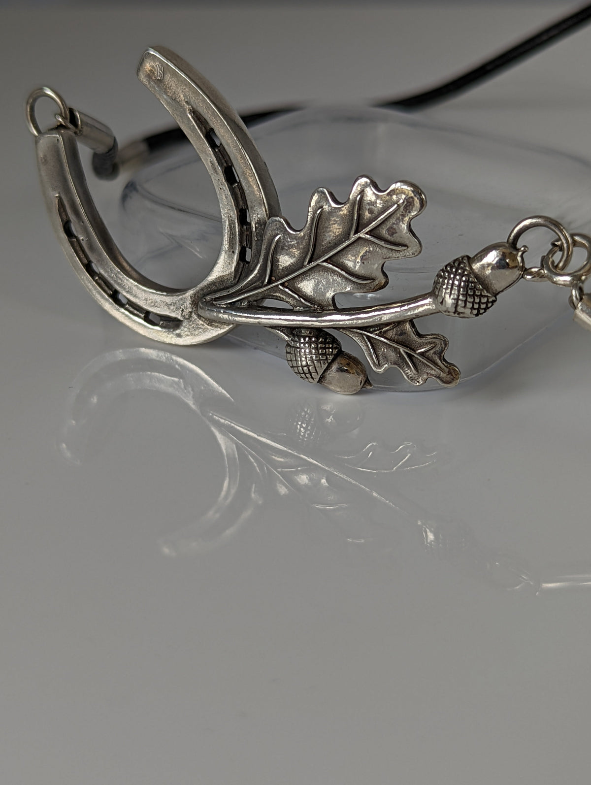 Silver Steed Big Horseshoe With Oak Leaves and Acorns On Cord Necklace