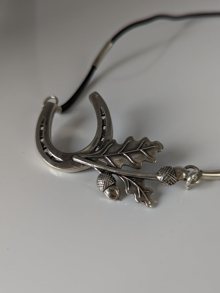 Silver Steed Big Horseshoe With Oak Leaves and Acorns On Cord Necklace