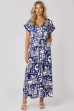 Vestido largo de estampado tropical con lazo en la cintura en azul real