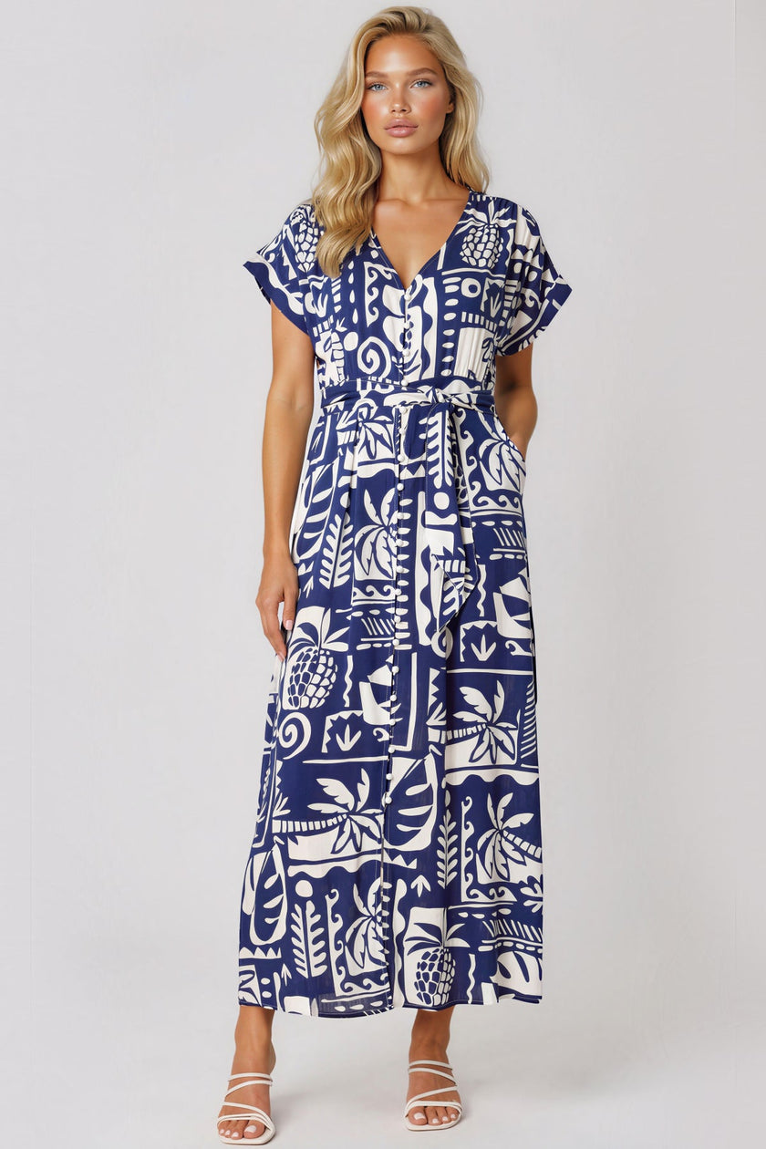 Vestido largo de estampado tropical con lazo en la cintura en azul real