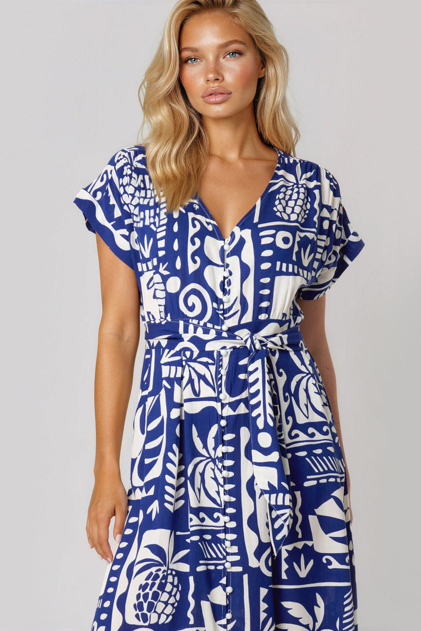 Vestido largo de estampado tropical con lazo en la cintura en azul real