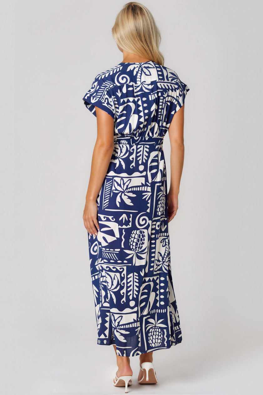 Vestido largo de estampado tropical con lazo en la cintura en azul real