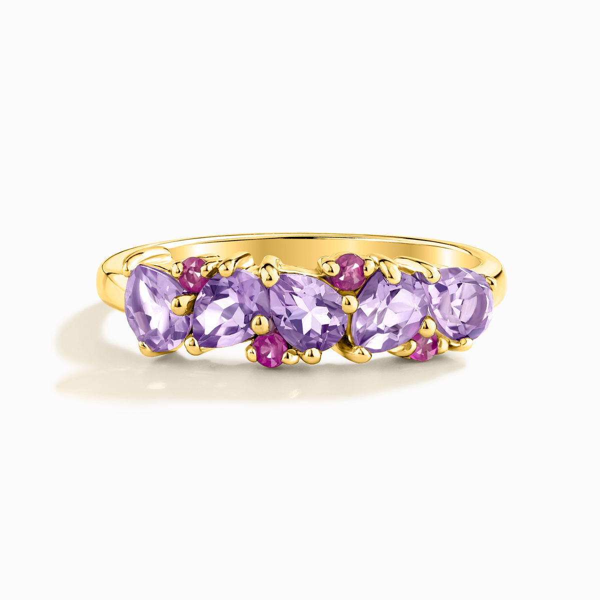 Anillo de media eternidad de rubí rosa y amatista talla pera en vermeil de oro de 18k