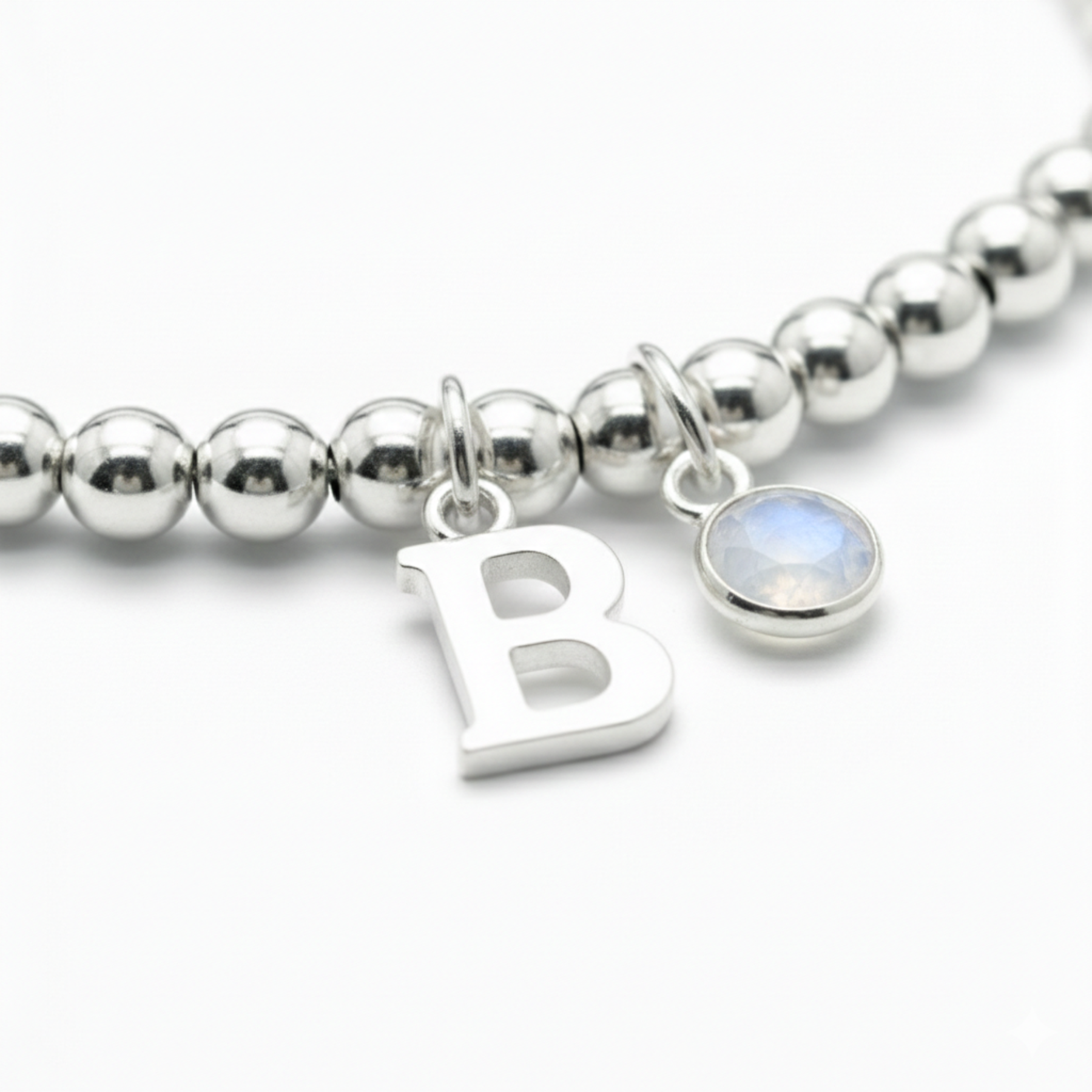 Personalised June Birthstone, Initial Letter & Moonstone Charm Bracelet