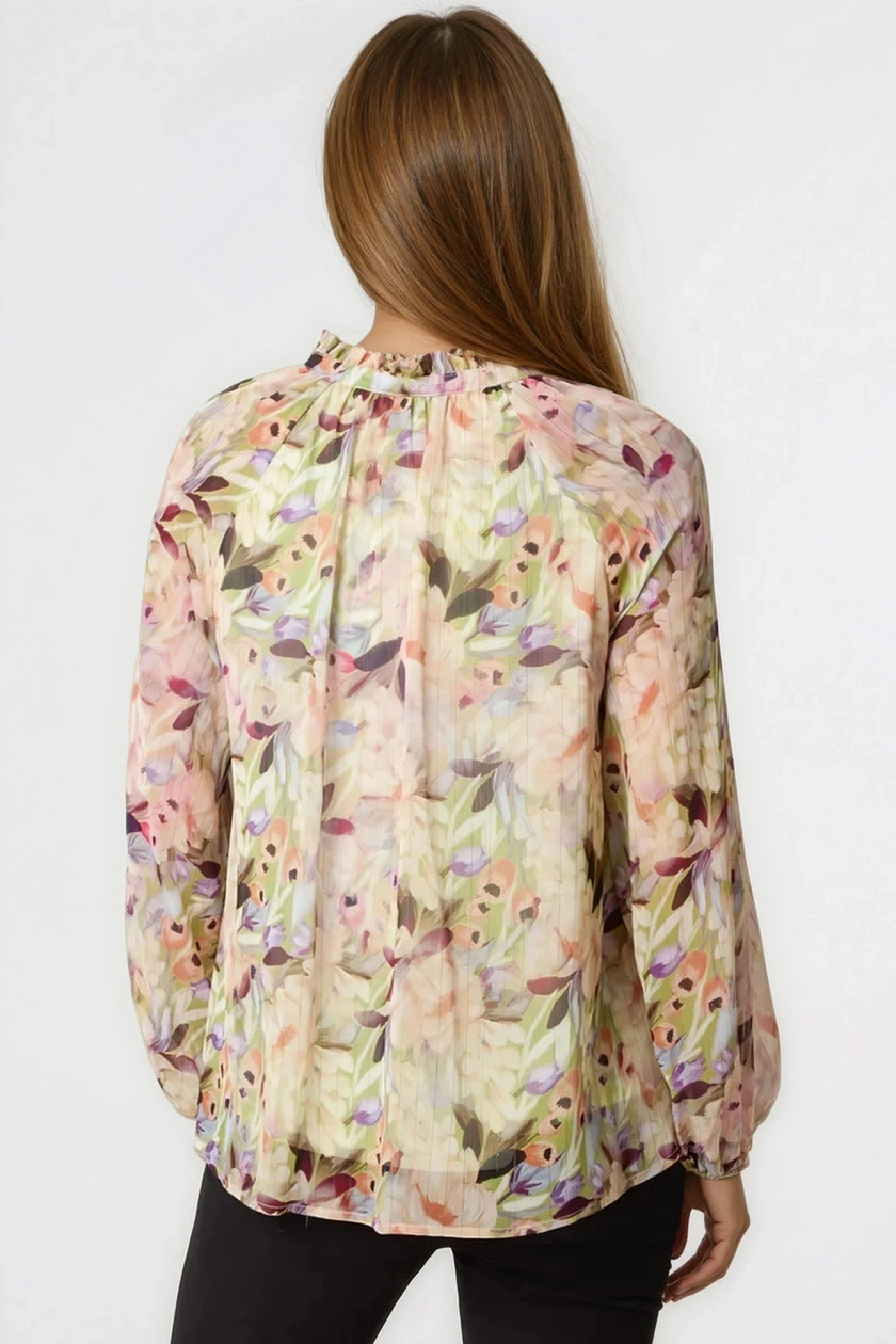 Green Floral Print Tie Neck Blouse