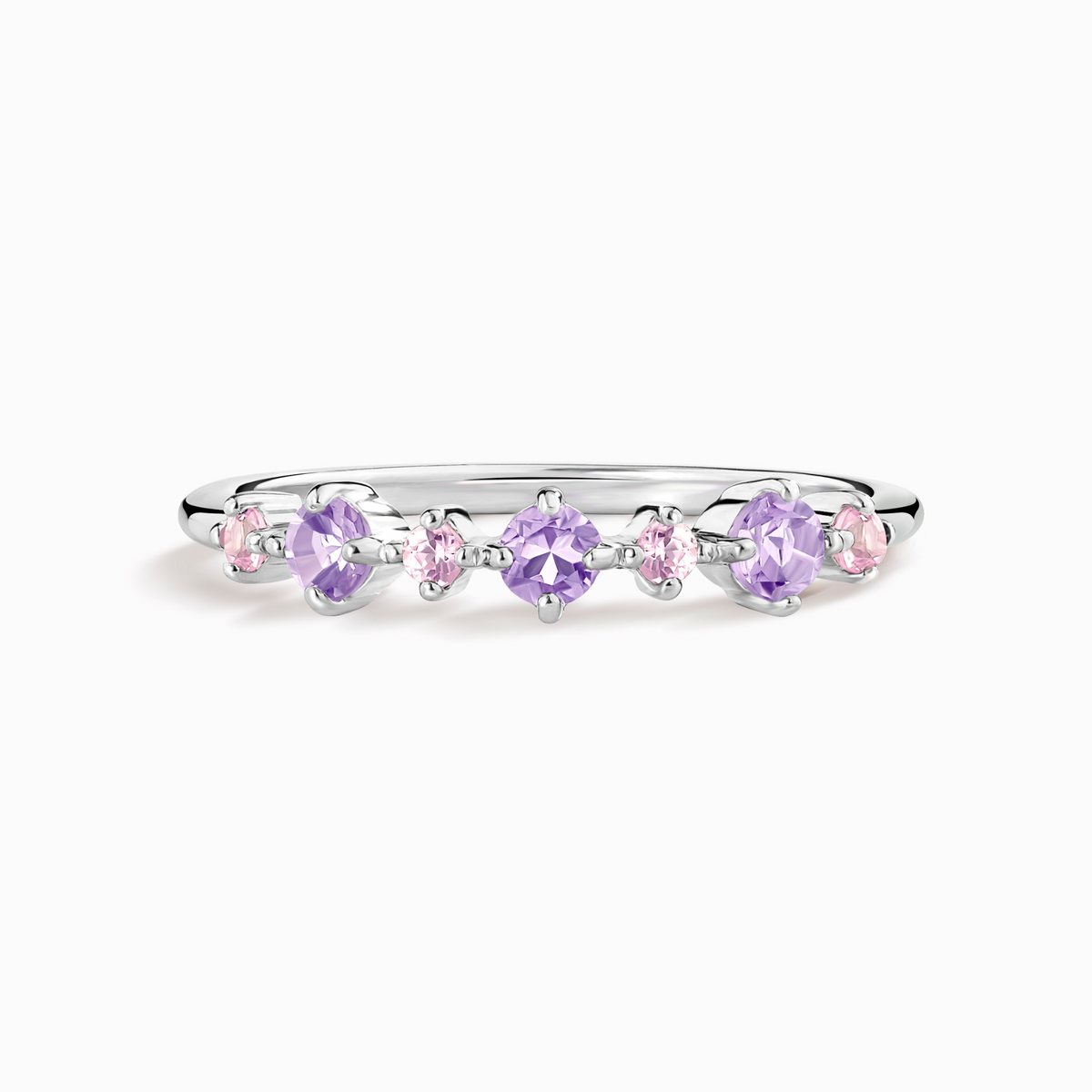 Bague demi-éternité empilable saphir rose et améthyste en argent sterling