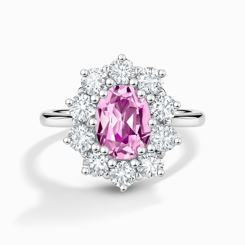 Förlovningsring med rosa safir och halo i sterlingsilver