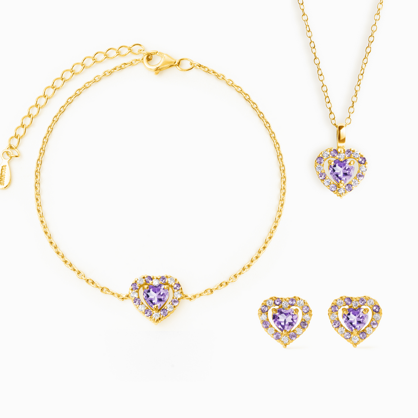 Parure de bijoux Améthyste Lavande Cœur Violet en Vermeil Or 18 carats