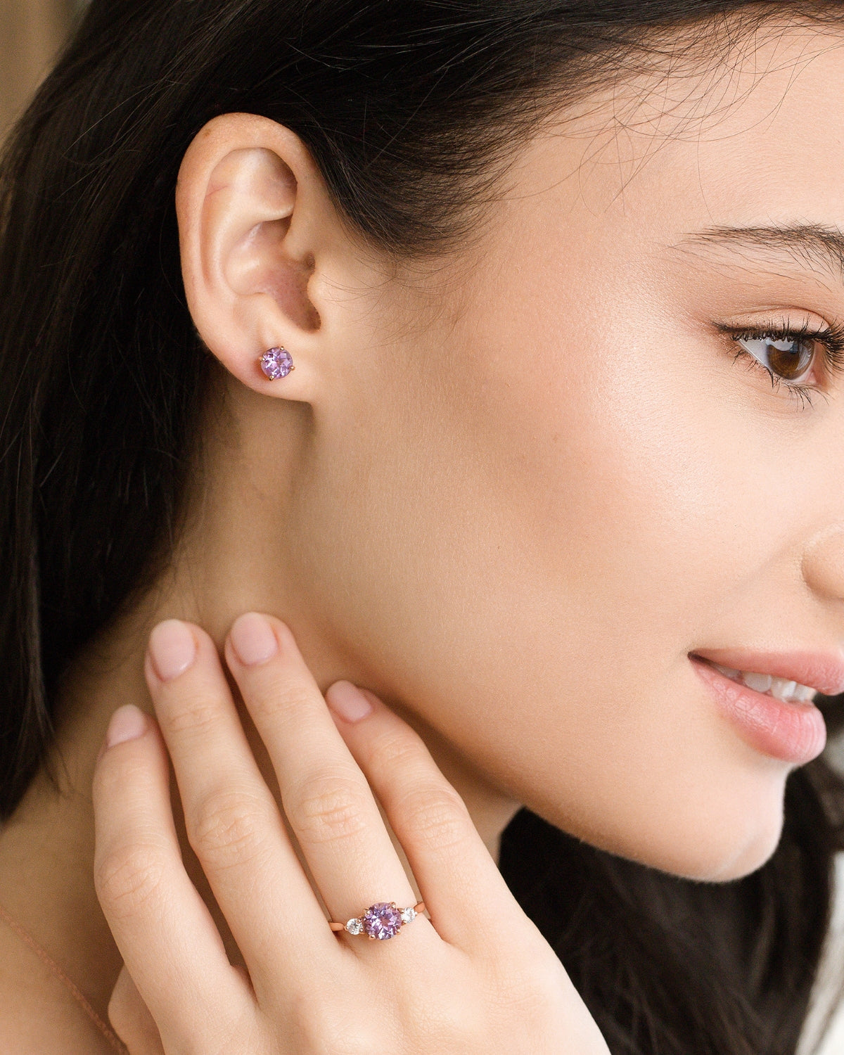 Lavender Amethyst Round Stud Earrings 6 mm in 18k Rose Gold Vermeil