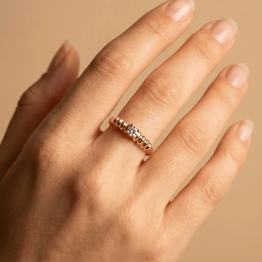 Solid Gold Ring – Radiant Beaded Solitaire – 14ct Gold