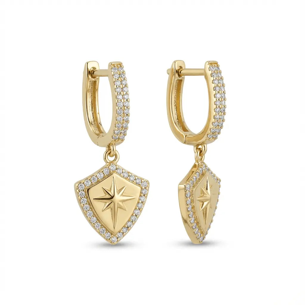 Solid Gold Earrings – Radiant Shield Pavé Drop | Gold | Majestic Jewellery