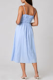 Blue Ruched Strappy Cotton Midi Dress