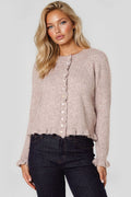 Taupe Ruffled Trim Wool Blend Cardigan