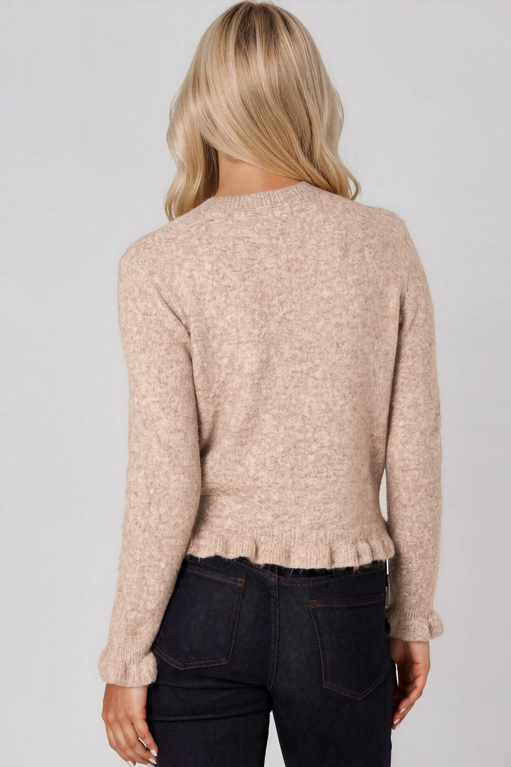Taupe Ruffled Trim Wool Blend Cardigan