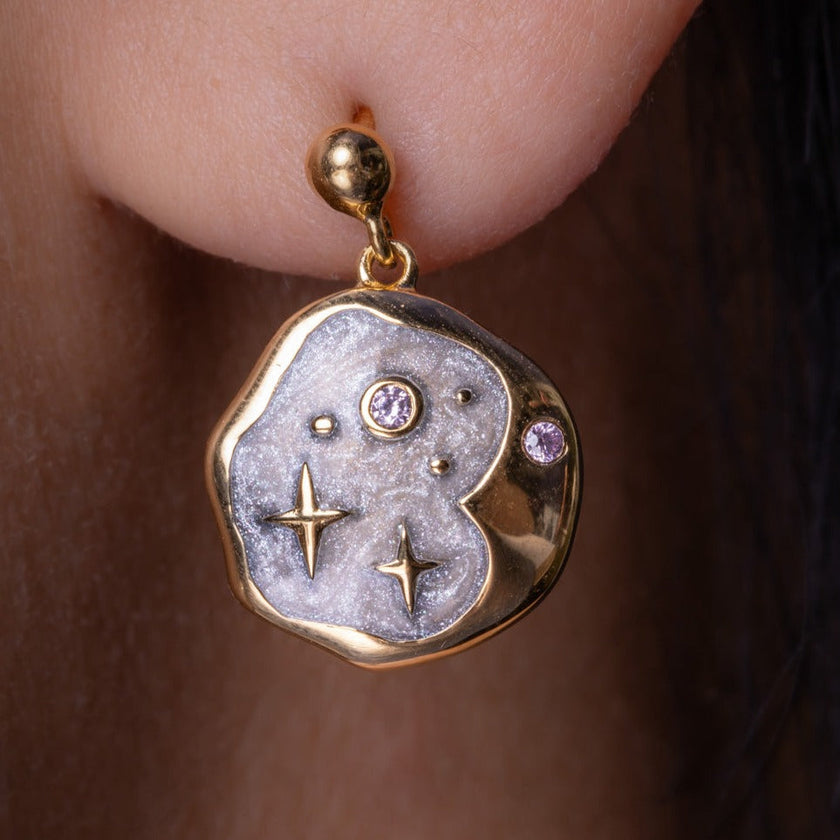 Pink Opal and Pearl Enamel Starry Night Studs Gold
