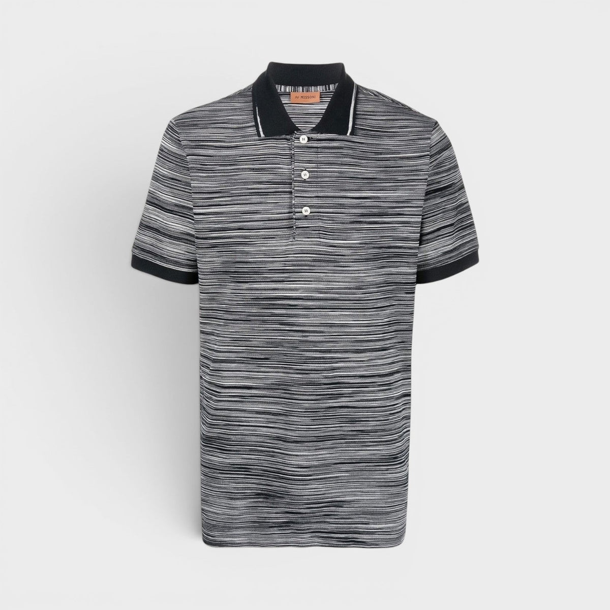 Striped Contrast Collar Polo Shirt Space Dyed Black White